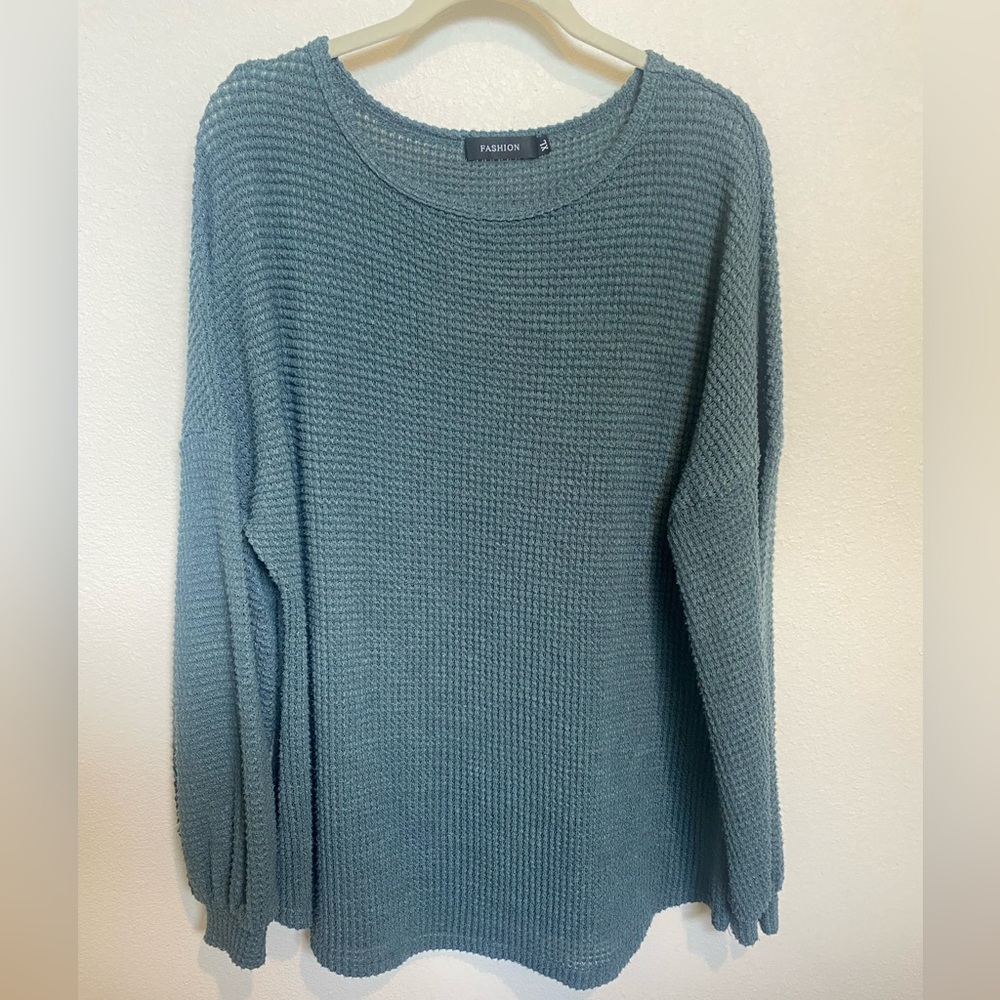 Womens Long Balloon Sleeve Waffle Knit Tops Crew Neck Oversized Sweater Pullover